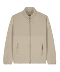 A beige fleece zip-up jacket with long sleeves, stand collar, two front zipped pockets, and elasticated cuffs, displayed against a white background.