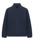 The Fleece is a navy blue zip-up jacket featuring a high collar, long sleeves, two front zippered pockets, and elasticated cuffs, shown against a white background.