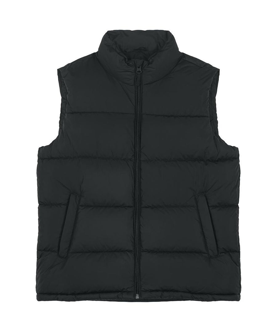 A "Gilets & Body Warmers" black sleeveless puffer gilet with front zip fastening and two side pockets, displayed flat on a white background.