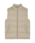 The Gilets & Body Warmers is a beige, sleeveless padded gilet with a high collar, front zip fastening, and two side pockets, shown laid flat on a white background.