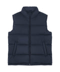 A Gilets & Body Warmers dark blue sleeveless padded gilet with a front zip and two side pockets is laid flat on a white background.