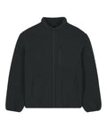 A black fleece jacket with a zip-up front, long sleeves, high collar, elasticated cuffs, zipped chest pocket, and two side pockets is laid flat on a white background.
