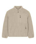 The Fleece is a beige jacket with a front zip, zipped chest and lower pockets, elasticated cuffs, a high collar, and a soft, textured look.