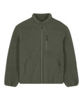 The Fleece is an olive green zip-up jacket featuring a high collar, chest zip pocket, two side zip pockets, elasticated cuffs, and a soft textured solid colour design.