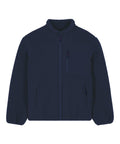 The fleece jacket is navy blue with a front zip, two side pockets, a zipped chest pocket, elasticated cuffs, and a soft, textured appearance.