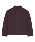 The fleece jacket in maroon features a zip-up front, stand collar, elasticated cuffs, two side pockets, and a zipped chest pocket. It has a soft textured fabric and is displayed flat on a white background.