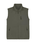 The Gilets & Body Warmers is a sleeveless olive green fleece gilet featuring a full front zip, two zipped side pockets, and a zipped chest pocket, shown laid flat on a white background.