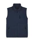 The "Gilets & Body Warmers" is a navy blue fleece gilet featuring a front zip, two zipped hand pockets, a zipped chest pocket, high collar, and soft textured look. Shown against a plain white background.