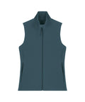 The Gilets & Body Warmers in teal feature a front zip, two zipped side pockets, and a high collar; shown sleeveless and laid flat on a white background.
