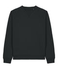 A plain black sweatshirt crew neck with long sleeves, ribbed cuffs, hem, and neckline, shown against a white background.
