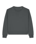 A plain, long-sleeved dark grey sweatshirt crew neck is laid flat on a white background, featuring ribbed cuffs and hem with no visible logos or designs.