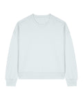 A relaxed-fit, light blue jumper with long sleeves and ribbed cuffs, collar, and hem is laid flat on a white background.