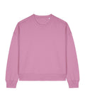A solid pink sweatshirt, long-sleeved with a crew neck, is displayed flat on a white background.