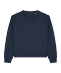 A plain, long-sleeved sweatshirts crew neck in dark navy is displayed laid flat on a white background, featuring no visible logos, patterns, or embellishments.