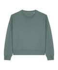 A relaxed-fit sweatshirt in muted green, featuring long sleeves, a crew neck, and ribbed cuffs and hem, is displayed flat on a white background.