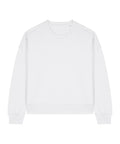 A white crewneck sweatshirt with long sleeves, ribbed cuffs, and a ribbed hem is laid flat on a white background.