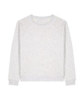 A plain, light grey sweatshirt long-sleeve crew neck is laid flat on a white surface. It features ribbed cuffs, hem, and neckline with no visible logos or designs.