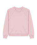 A light pink sweatshirt crew neck with long sleeves, ribbed cuffs, and a ribbed waistband is laid flat on a white background.