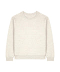 A light beige sweatshirt with a classic crew neck, long sleeves, ribbed cuffs and hem, shown on a white background.