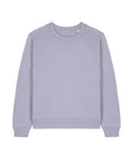 A plain, long-sleeved light purple sweatshirt with raglan sleeves and ribbed cuffs, collar, and hem, shown on a white background.