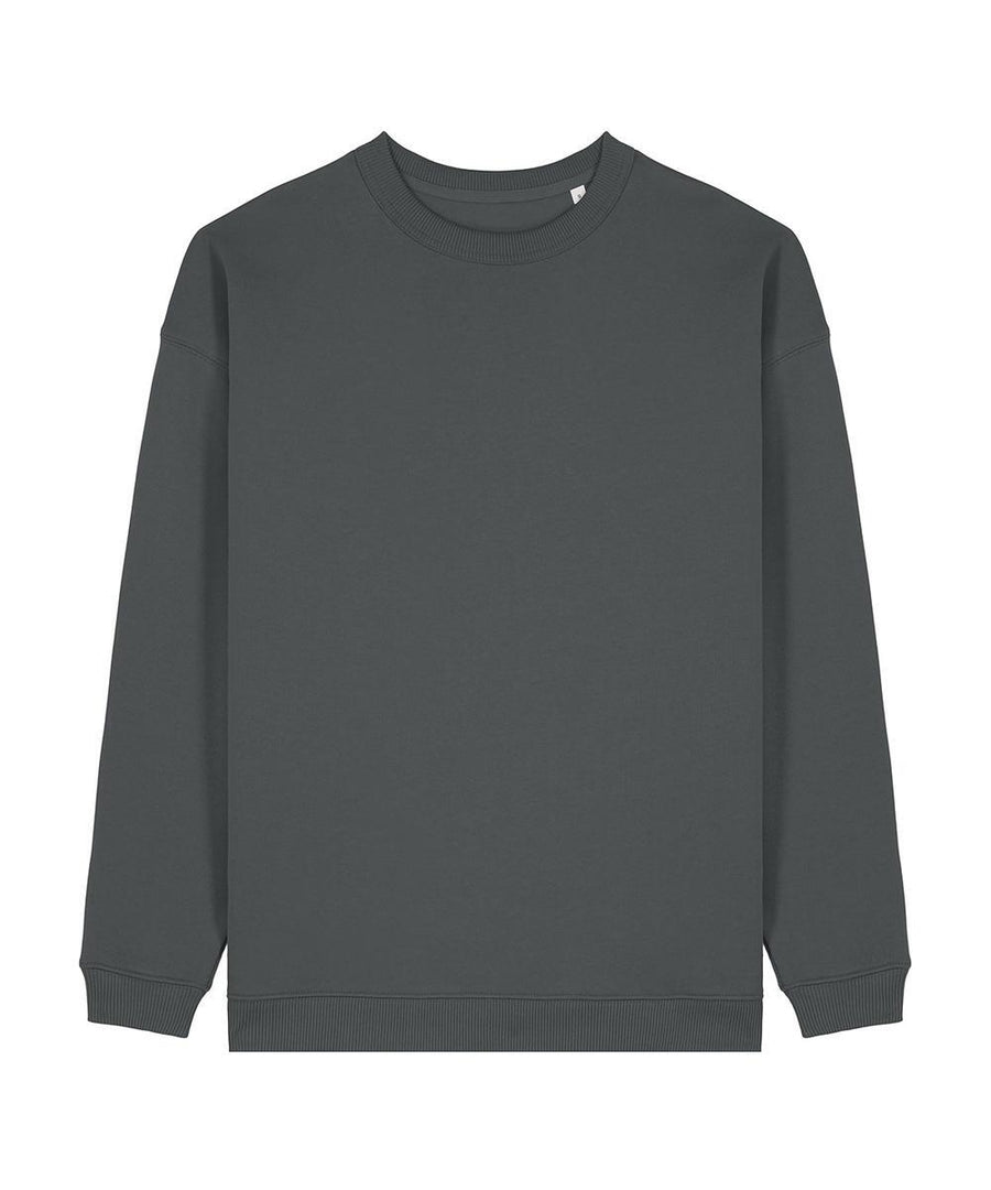 A plain, dark grey sweatshirt with long sleeves, a crew neck, ribbed cuffs and hem is laid flat on a white background. It features no visible logos or designs.