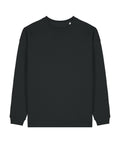 A plain black sweatshirt crew neck with long sleeves, ribbed cuffs, collar, and hem is laid flat on a white background. There are no visible logos, patterns, or designs.