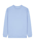 A sweatshirt crew neck in plain light blue with long sleeves, ribbed cuffs, and a ribbed hem, shown laid flat on a white background.