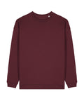 A maroon sweatshirt crew neck with long sleeves is laid flat on a white background, featuring ribbed cuffs, hem, and neckline.