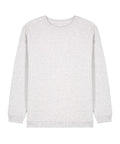 A light grey crewneck sweatshirt with long sleeves, ribbed cuffs, and a ribbed hem is displayed on a white background.