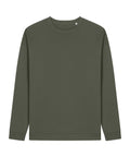 A solid olive green crew-neck sweatshirt with long sleeves is shown laid flat on a white background. Product: Sweatshirts.