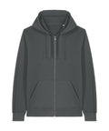 A zip-up hoodie in dark grey features a front zip, two front pockets, a drawstring hood, and long sleeves, shown laid flat on a white background.