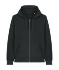 The Hoodies product is a black zip-up hoodie featuring a hood, drawstrings, and two front pockets, displayed flat on a white background.