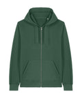 A zip-up hoodie in plain green, featuring a hood with drawstrings, long sleeves, and front pockets, is laid flat on a white background.