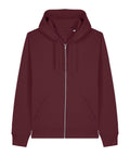 A maroon Hoodies zip-up hoodie featuring a front zip, two pockets, drawstring hood, and ribbed cuffs and hem, shown on a white background.