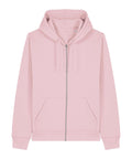A light pink zipped hoodie with a front zip, drawstring hood, and two front pockets is laid flat on a white background.