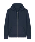 A navy blue zip-up hoodie with a hood, drawstrings, front zip, and two front pockets is laid flat on a white background.
