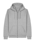 A hoodie zip-up in light grey with a front zip, drawstring hood, and two front pockets is laid flat on a white background.