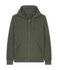 The Hoodies is an olive green zip-up with a front zip, two front pockets, and an attached hood with drawstrings, shown laid flat on a white background.