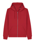 A red hooded zip-up sweatshirt with two front pockets and an adjustable drawstring hood, shown on a white background.