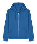 The Hoodies product is a plain blue zip-up featuring a front zip, drawstring hood, and two front pockets, shown laid flat on a white background.