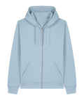 A light blue zip-up hoodie with a hood, drawstrings, front zip, and two front pockets, shown on a plain white background.