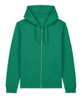 A green zip-up hoodie with a hood, drawstrings, front zip, and two front pockets is laid flat on a white background.