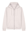 The Hoodies product is a light pink zip-up hoodie featuring a front zip, two pockets, and an adjustable drawstring hood, displayed against a white background.