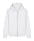 A white hoodie zip-up with front zip, two front pockets, drawstring hood, and long sleeves, shown on a white background.