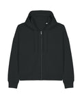 A zip-up hoodie, plain black with a hood, front pockets, and drawstrings, shown on a white background.