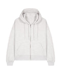 A light grey zip-up hoodie with a front zip, two pockets, hood, and ribbed cuffs and hem is laid flat on a white background.