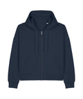 A plain navy blue zip-up hoodie named "Hoodies," featuring a hood, drawstrings, front zip, and two front pockets, shown on a white background.