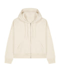 A beige zip-up hoodie with a hood, drawstrings, long sleeves, ribbed cuffs and hem, and two front pockets is laid flat on a white background.