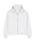 A white zip-up hoodie featuring a drawstring hood, long sleeves, and two front pockets, shown laid flat on a white background.