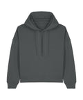 A dark grey hooded sweatshirt with long sleeves, a front pocket, and drawstrings is shown on a white background.
